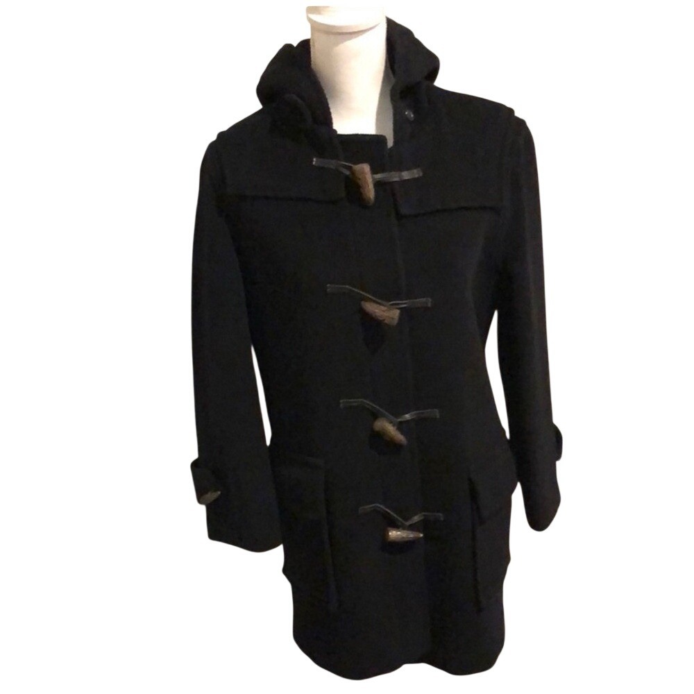 VTG Burberry London Wool Mini Duffle Coat Black Toggle Hooded Size 8XM Excellent